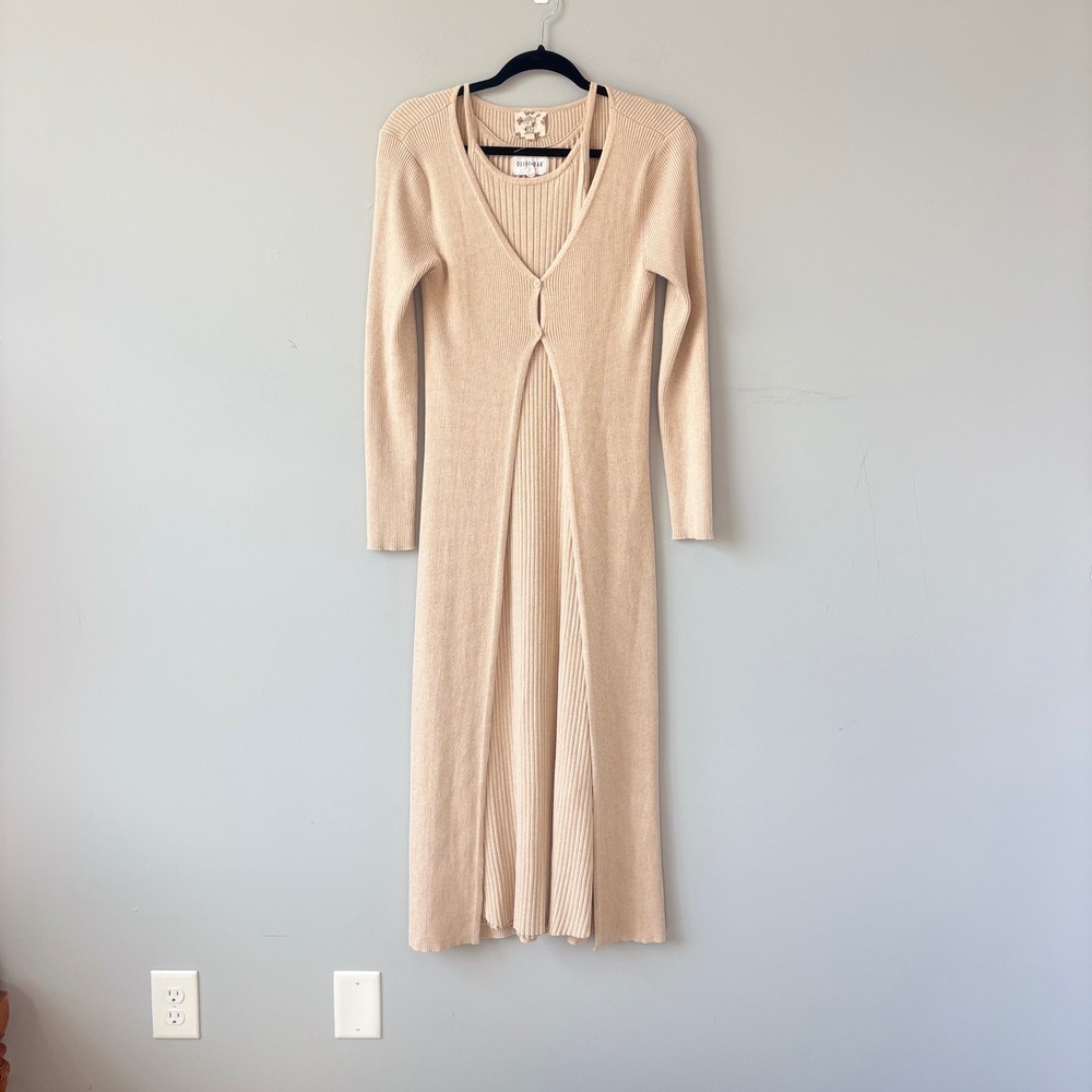 Olive + Oak Ribbed Knit Midi Dress Long Cardigan Duster Set Beige Tan Large